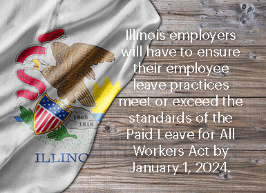 State of Illinois flag with words "Illinois employers will have to ensure their employee leave practices meet or exceed the standards of the Paid Leave for All Workers Act by January 1, 2024." along side