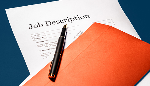 job description document with orange file folder and pen