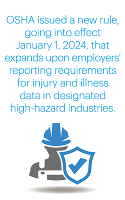 Callout from article: OSHA issued a new rule, going into effect January 1, 2024, that expands upon employers’ reporting requirements for injury and illness data in designated high-hazard industries. paired with icon of person in hard hat with checkmark on sheild