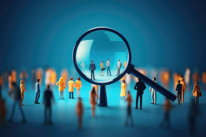 illustration of crowd of people against blue background with magnifying glass positioned in front of a select few