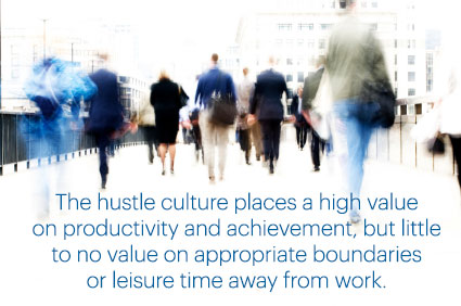 blurred image of commuters walking with briefcases and callout: The hustle culture places a high value on productivitiy ad achievement, but little to no value on appropriate boundaries or leisure time away from work.