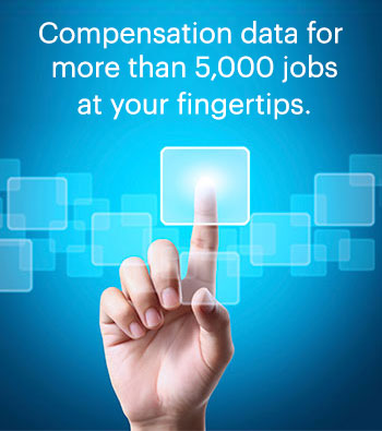 finger selecting floating "button" with callout language: Compensation data for more than 5,000 jobs at your fingertips. 