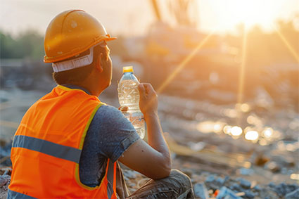 construction worker, sitting outside in bright, glaring sun, drinking bottle of water