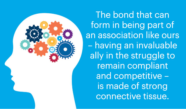 Callout text: The bond that can form in being part of an association like ours - having an invaluable ally in the struggle to remain compliant and competitive - is made of strong connective tissue. with illustration on blue background of human head shape and colorful gears interconnected in brain area.