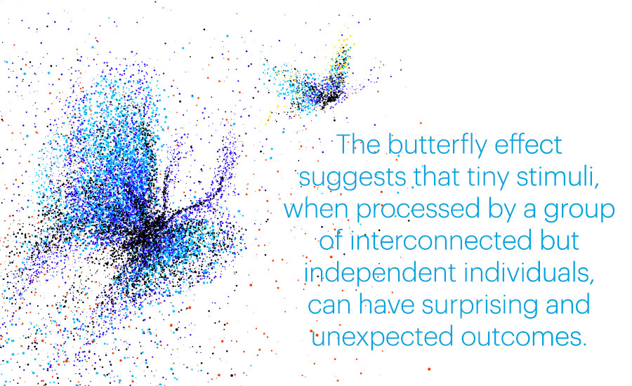 abstract butterfly illustration comprised of colorful dots with call out text: The butterfly effect suggests that tiny stimuli, when processed by a group of interconnected but independent individuals, can have surprising and unexpected outcomes.