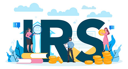 Illustration of "IRS" letters surrounded by coins, books, people