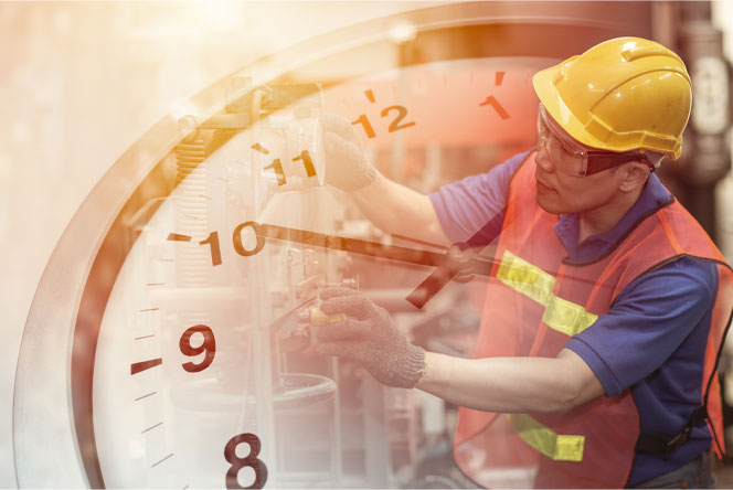 collage photo with analog clock face layered over laborer wearing hard hat and safety vest.