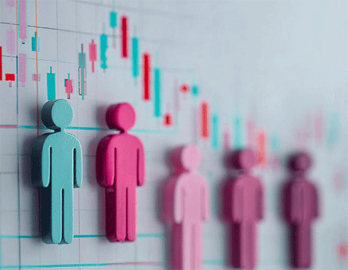 brightly colored graphs and charts in blues and pinks incorporating human forms